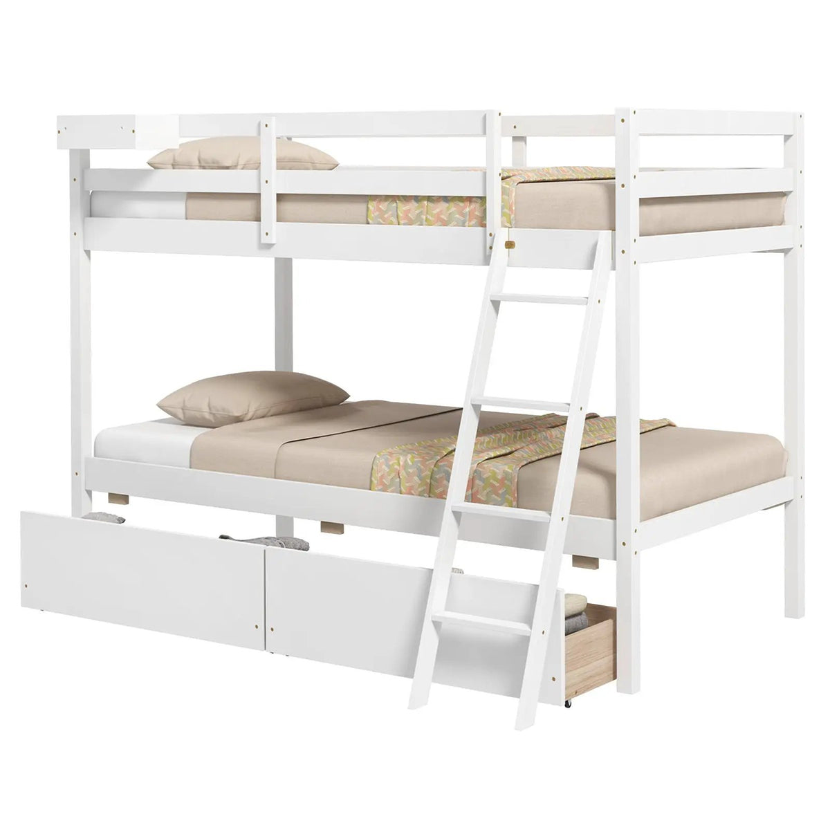 Twin Over Twin Bunk Bed Wood Bed Frame with 2 Storage Drawers and Ladder by DirectDeals