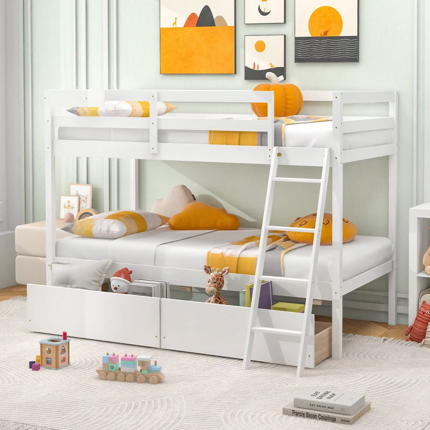 Twin Over Twin Bunk Bed Wood Bed Frame with 2 Storage Drawers and Ladder by DirectDeals