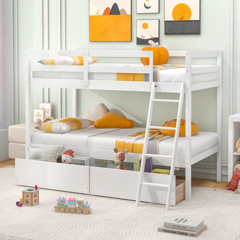 Twin Over Twin Bunk Bed Wood Bed Frame with 2 Storage Drawers and Ladder by DirectDeals