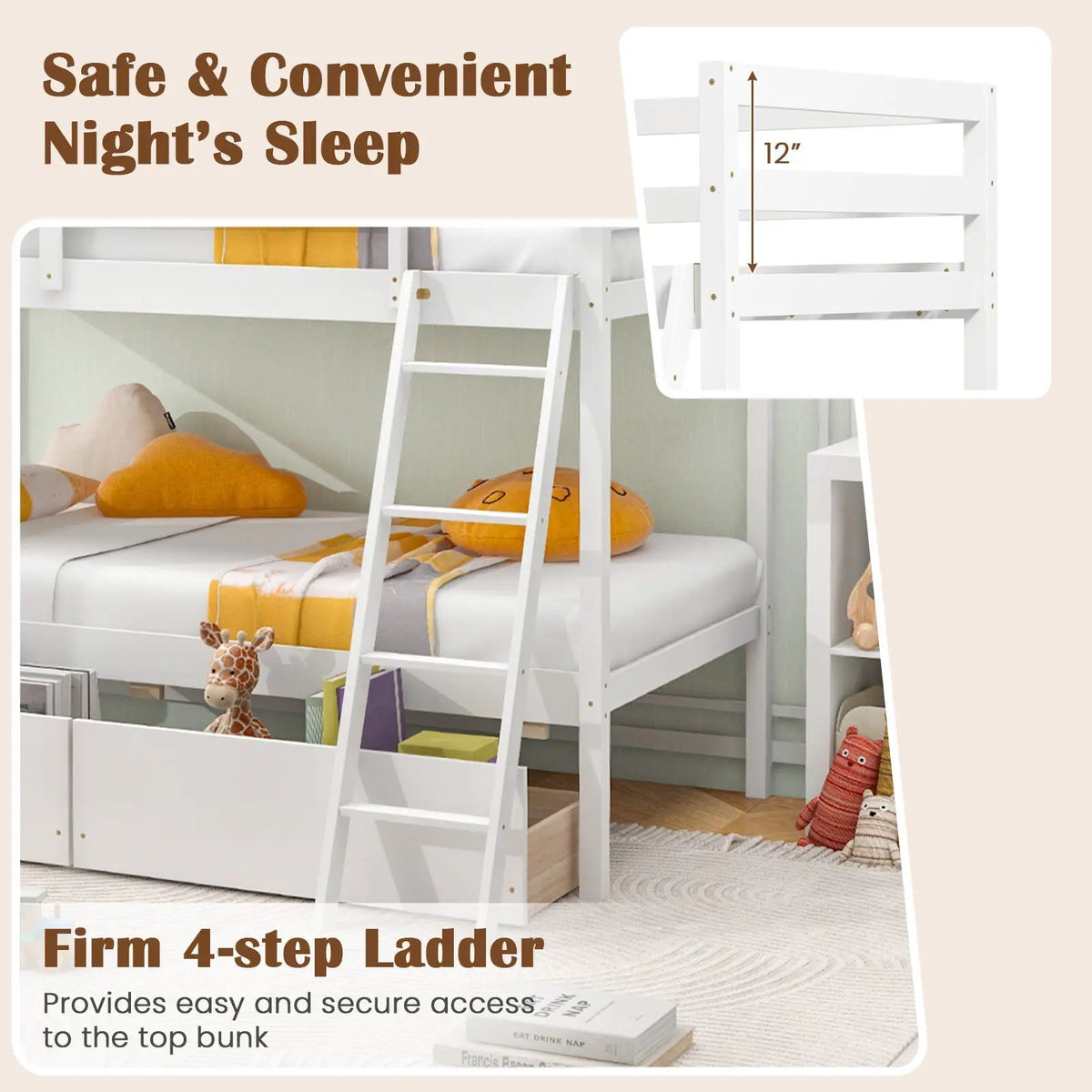 Twin Over Twin Bunk Bed Wood Bed Frame with 2 Storage Drawers and Ladder by DirectDeals