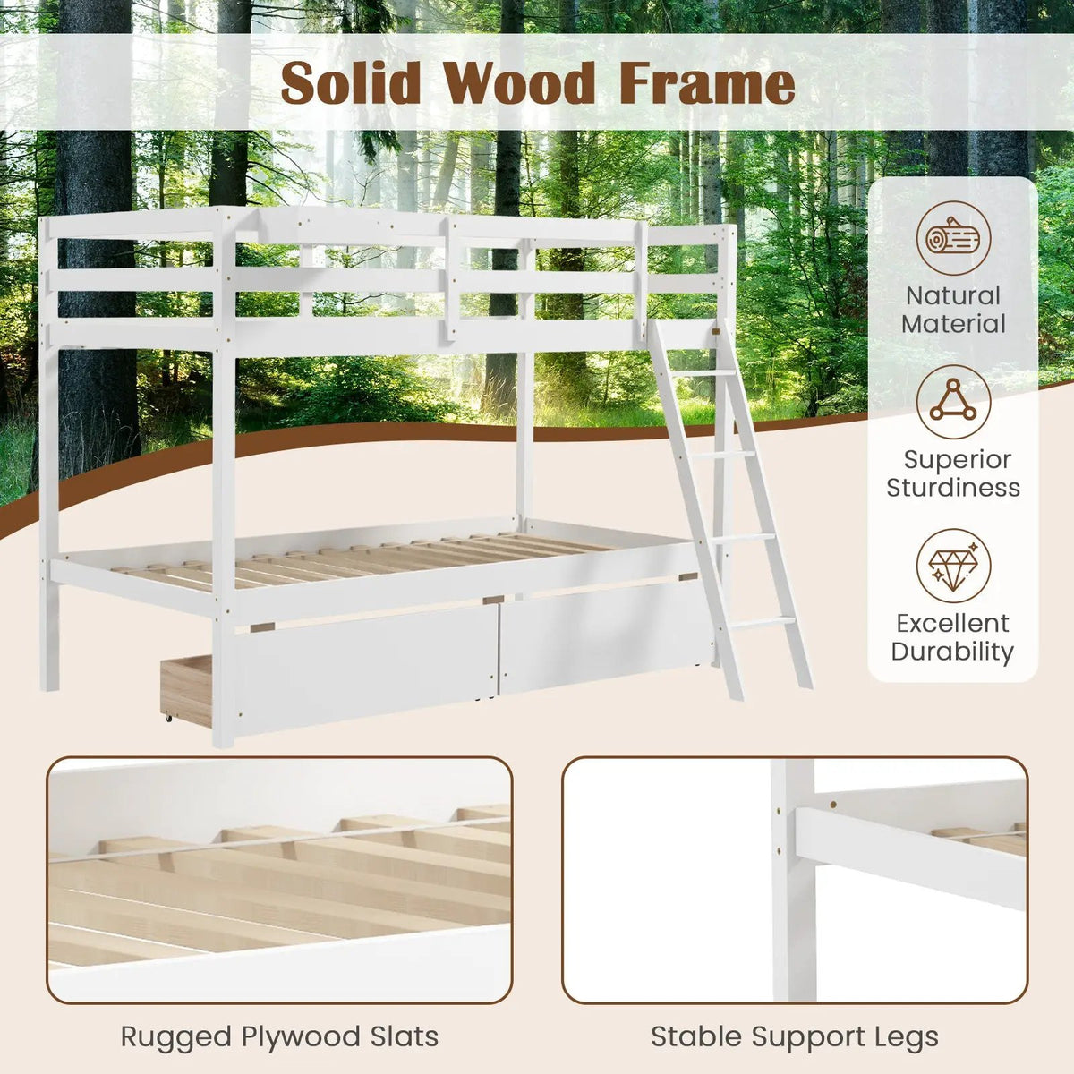 Twin Over Twin Bunk Bed Wood Bed Frame with 2 Storage Drawers and Ladder by DirectDeals