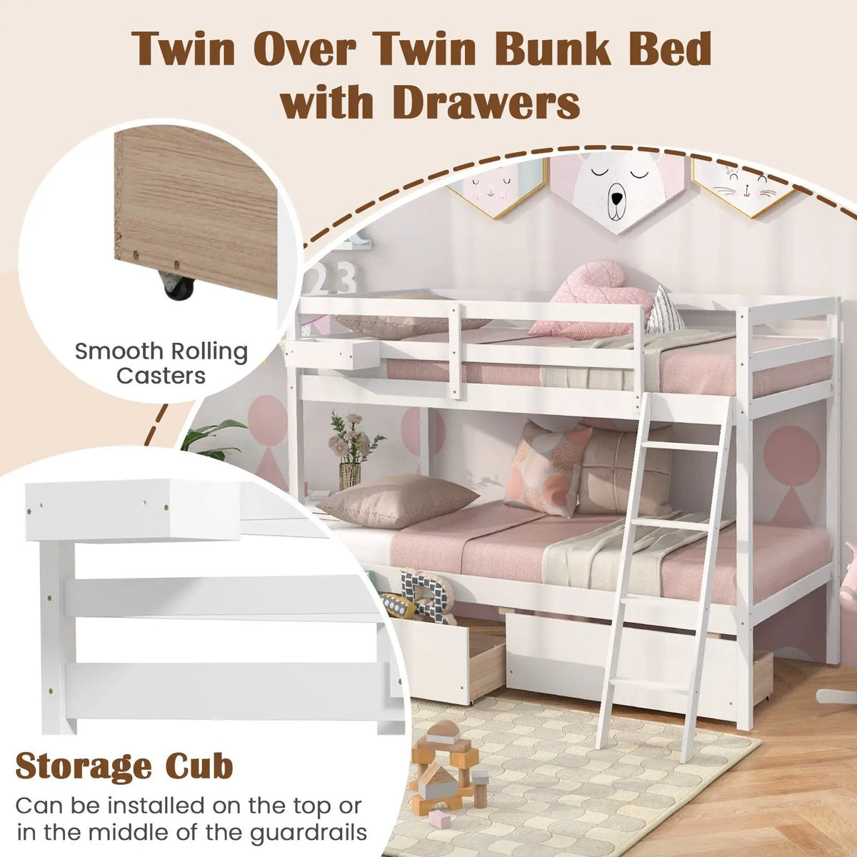 Twin Over Twin Bunk Bed Wood Bed Frame with 2 Storage Drawers and Ladder by DirectDeals