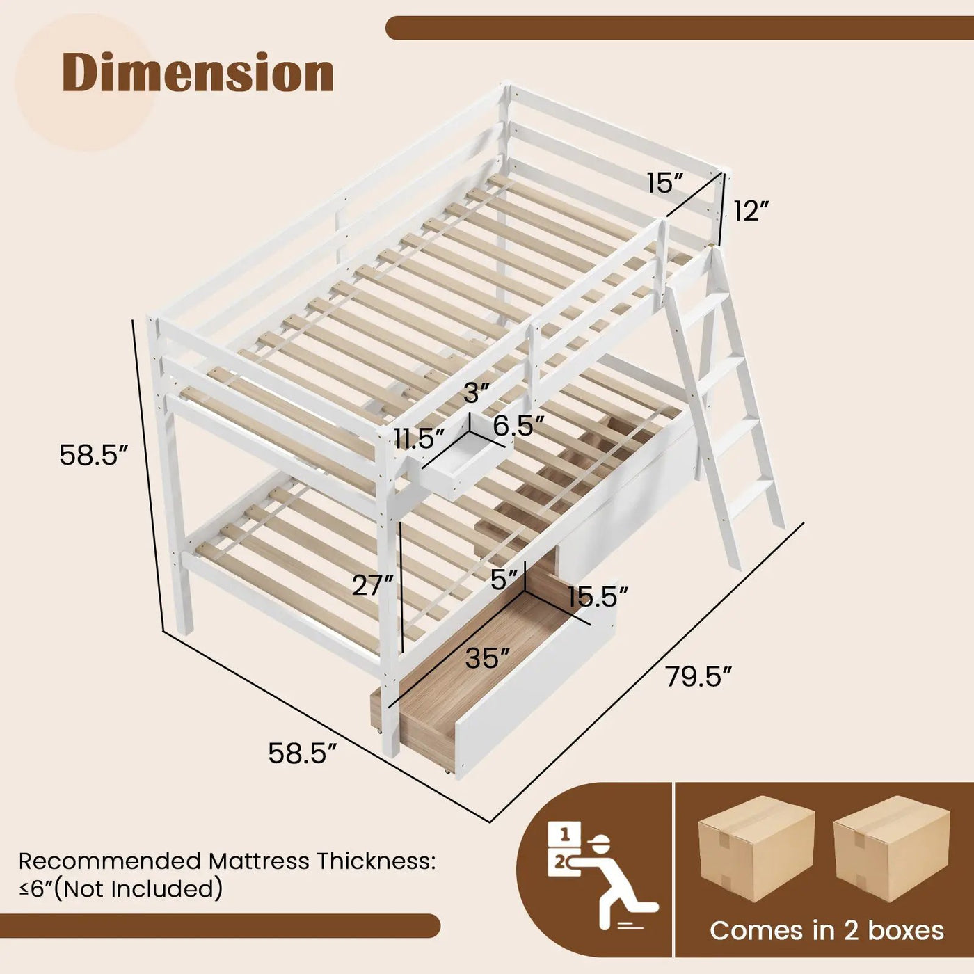 Twin Over Twin Bunk Bed Wood Bed Frame with 2 Storage Drawers and Ladder by DirectDeals