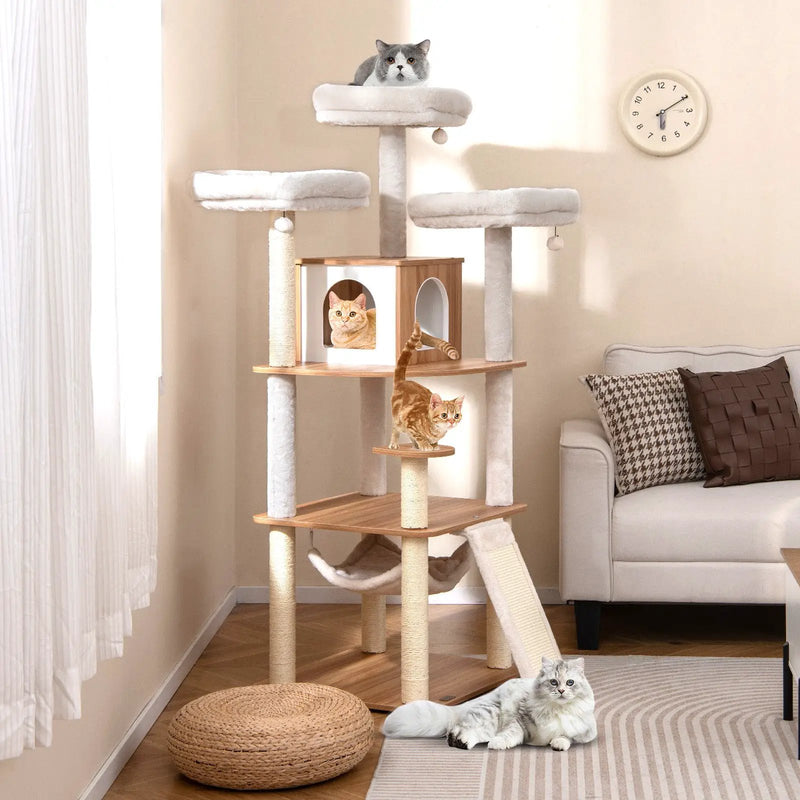 68 Inch Tall Cat Tree with 3 Padded Perches Condo and Sisal Scratching Posts-Natural by DirectDeals