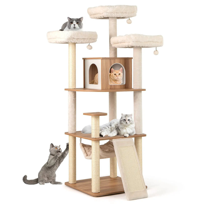 68 Inch Tall Cat Tree with 3 Padded Perches Condo and Sisal Scratching Posts-Natural by DirectDeals