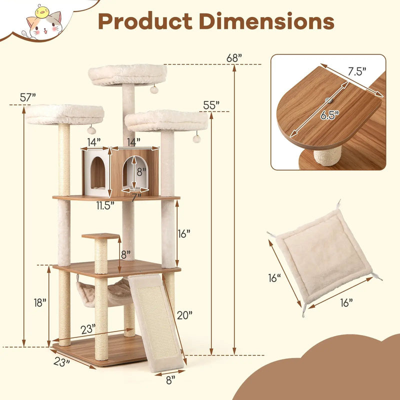 68 Inch Tall Cat Tree with 3 Padded Perches Condo and Sisal Scratching Posts-Natural by DirectDeals