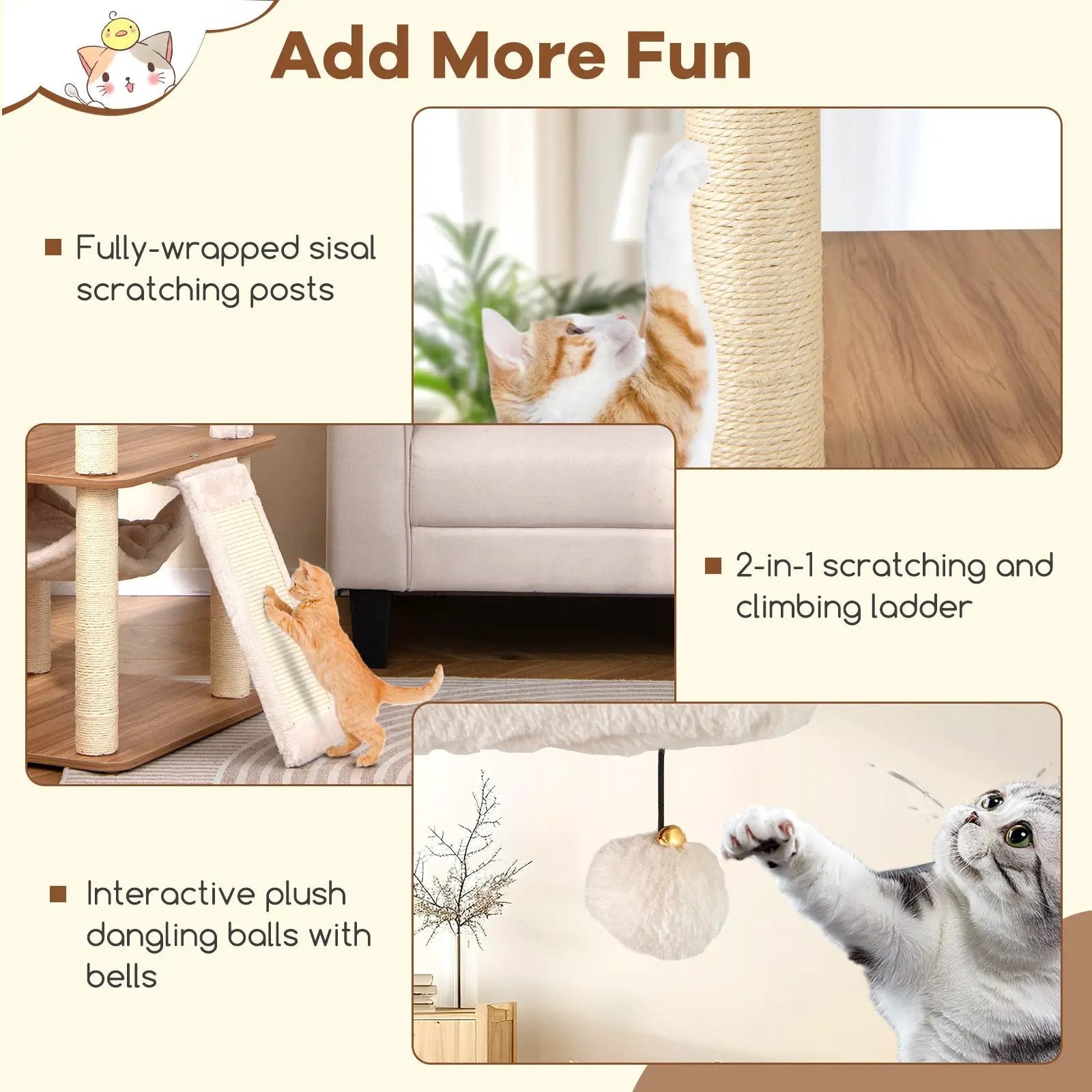 68 Inch Tall Cat Tree with 3 Padded Perches Condo and Sisal Scratching Posts-Natural by DirectDeals