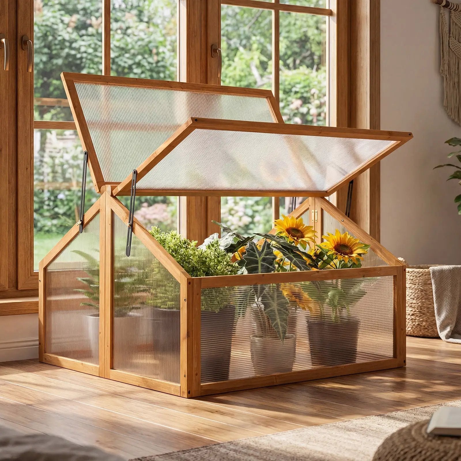 Wood Cold Frame Greenhouse Raised Flower Planter Protection with Transparent Openable Roof-Orange by DirectDeals
