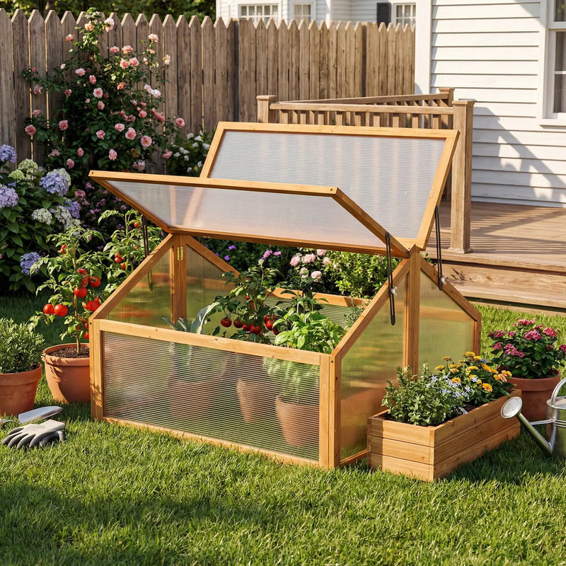 Wood Cold Frame Greenhouse Raised Flower Planter Protection with Transparent Openable Roof-Orange by DirectDeals