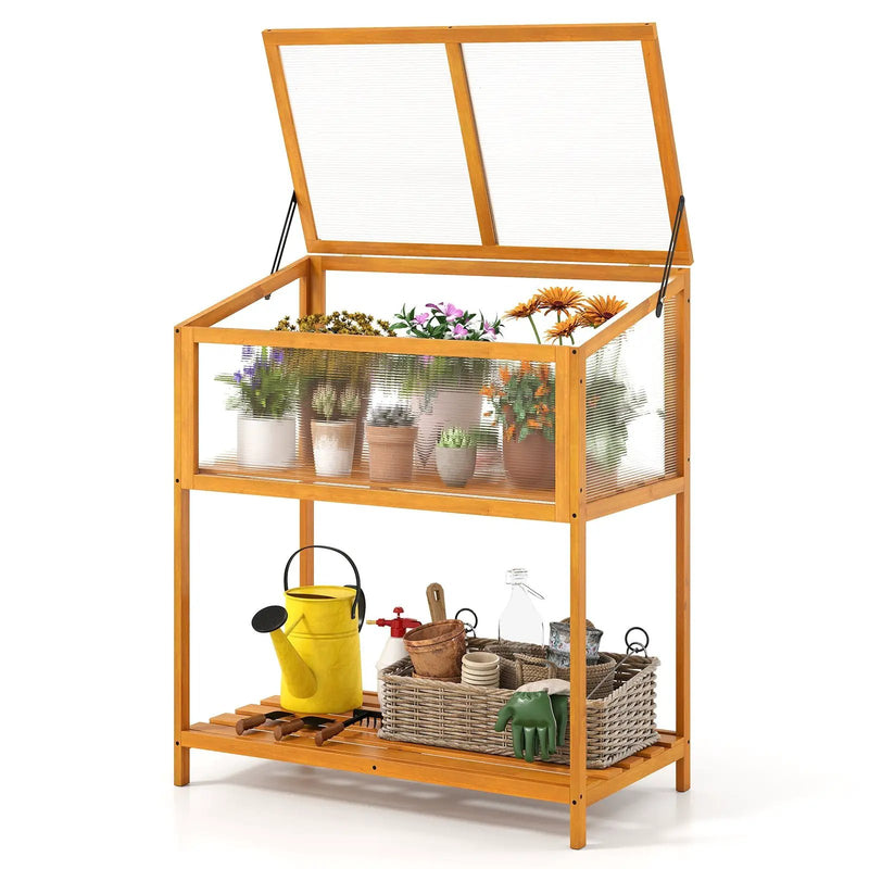 Wood Cold Frame Greenhouse with Transparent Openable Roof and Slatted Storage Shelf-Orange by DirectDeals