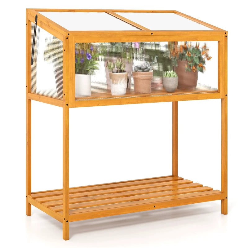 Wood Cold Frame Greenhouse with Transparent Openable Roof and Slatted Storage Shelf-Orange by DirectDeals