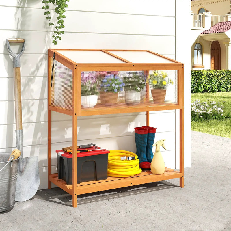 Wood Cold Frame Greenhouse with Transparent Openable Roof and Slatted Storage Shelf-Orange by DirectDeals