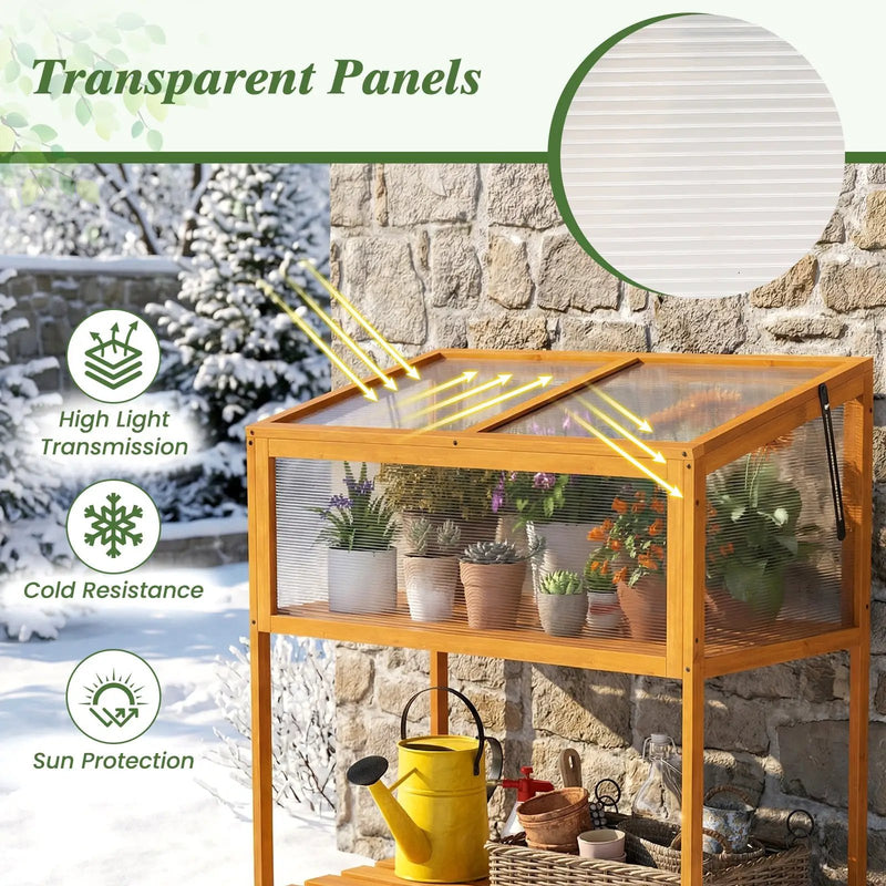 Wood Cold Frame Greenhouse with Transparent Openable Roof and Slatted Storage Shelf-Orange by DirectDeals