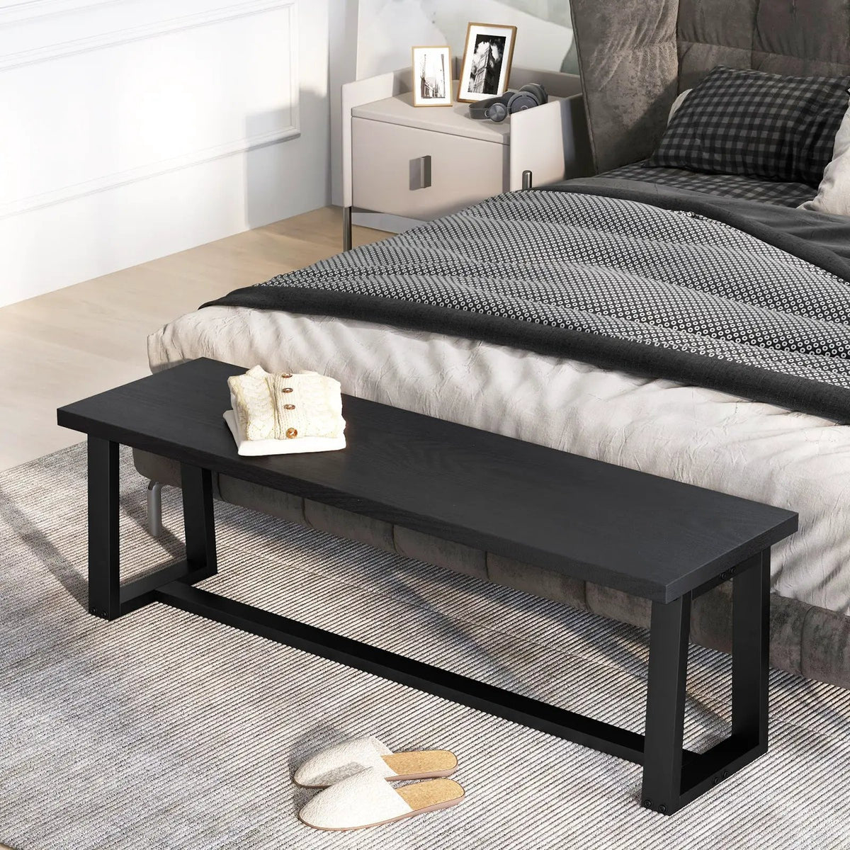 Wood Dining Bench with Metal Frame and Adjustable Footpads by DirectDeals