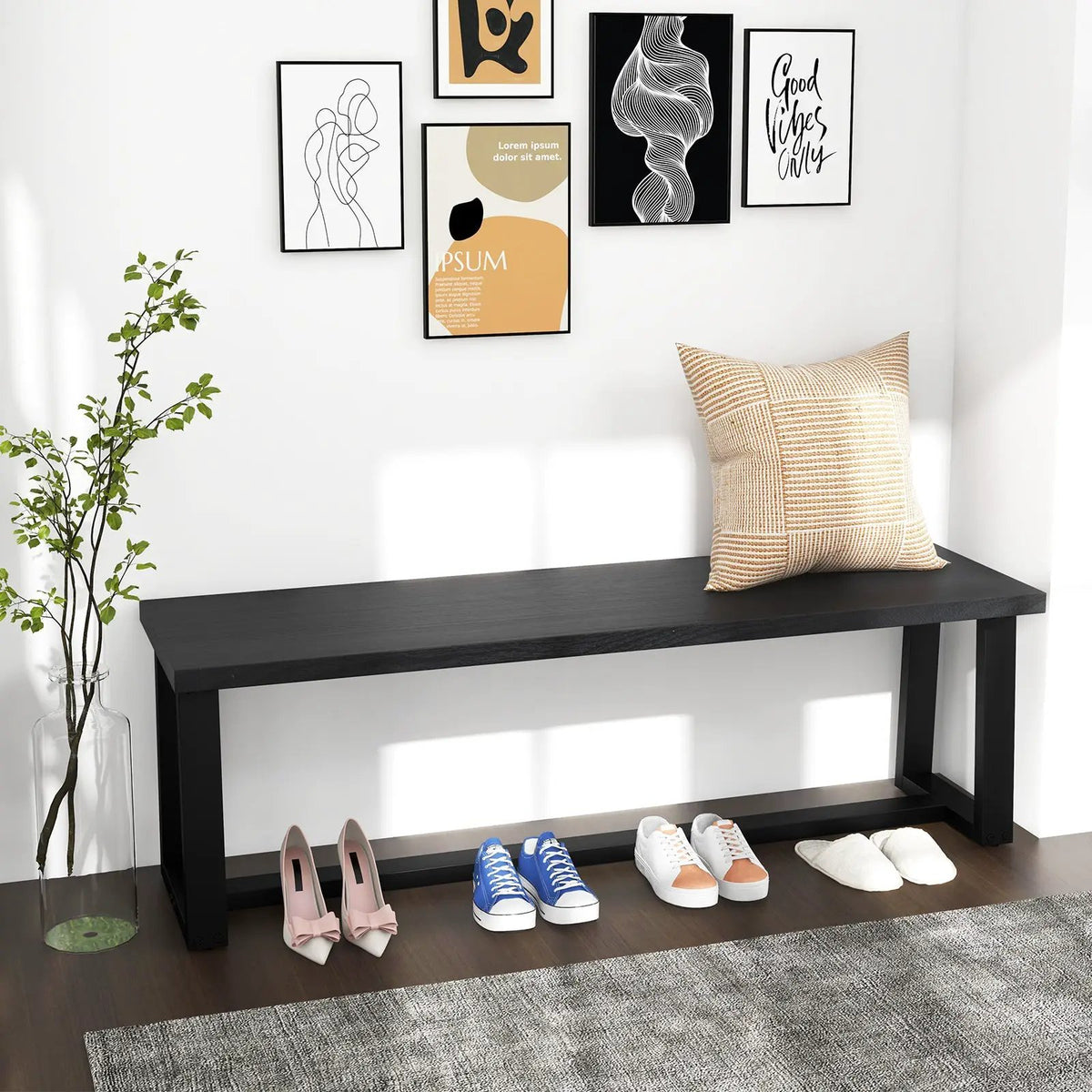 Wood Dining Bench with Metal Frame and Adjustable Footpads by DirectDeals