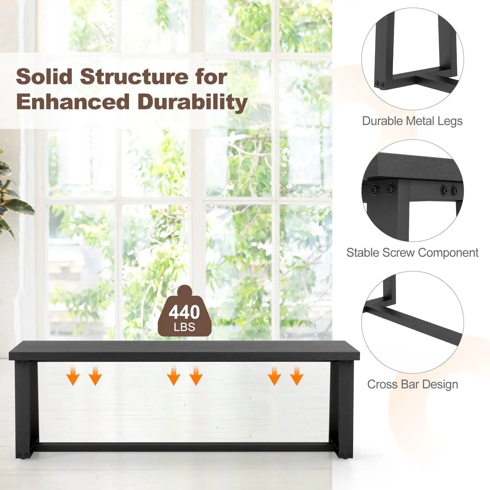 Wood Dining Bench with Metal Frame and Adjustable Footpads by DirectDeals