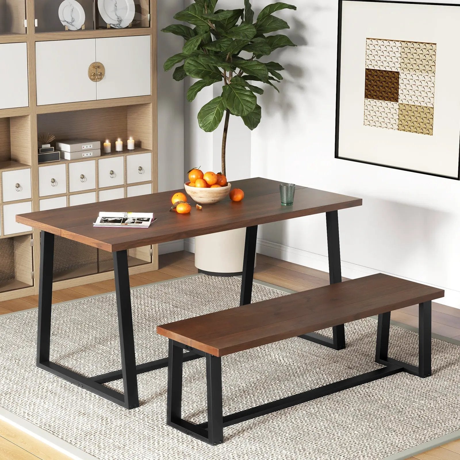 Wood Dining Bench with Metal Frame and Adjustable Footpads by DirectDeals