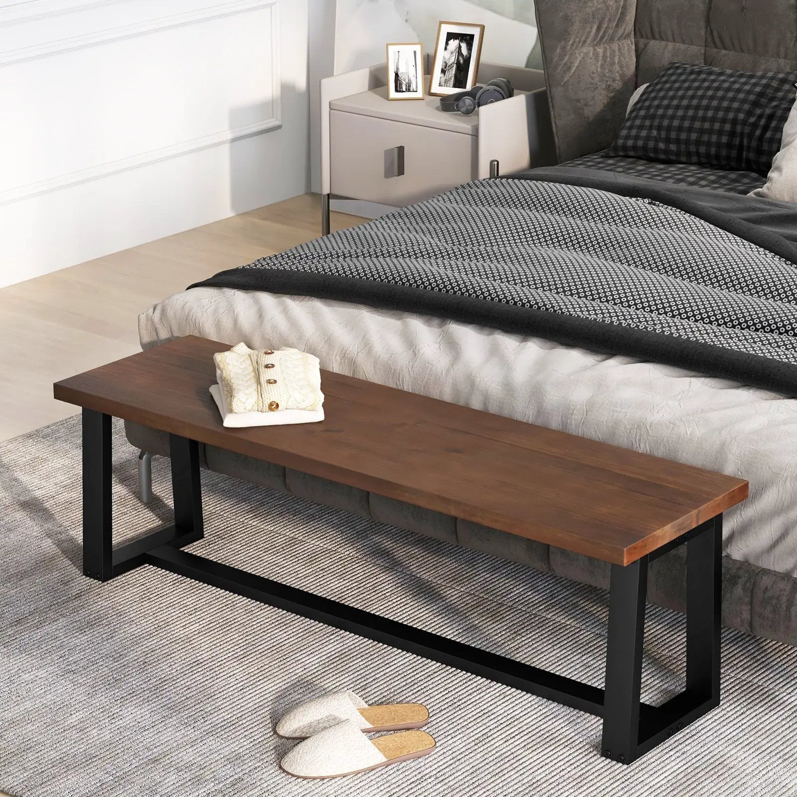 Wood Dining Bench with Metal Frame and Adjustable Footpads by DirectDeals