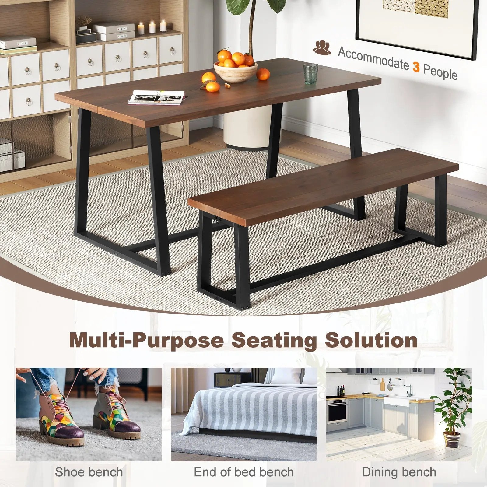 Wood Dining Bench with Metal Frame and Adjustable Footpads by DirectDeals