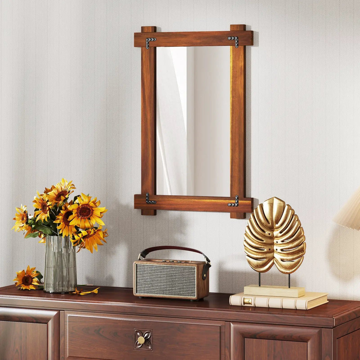 Wood Framed Mirror with Acacia Wood Frame and Vintage Rivet Design Brown by DirectDeals