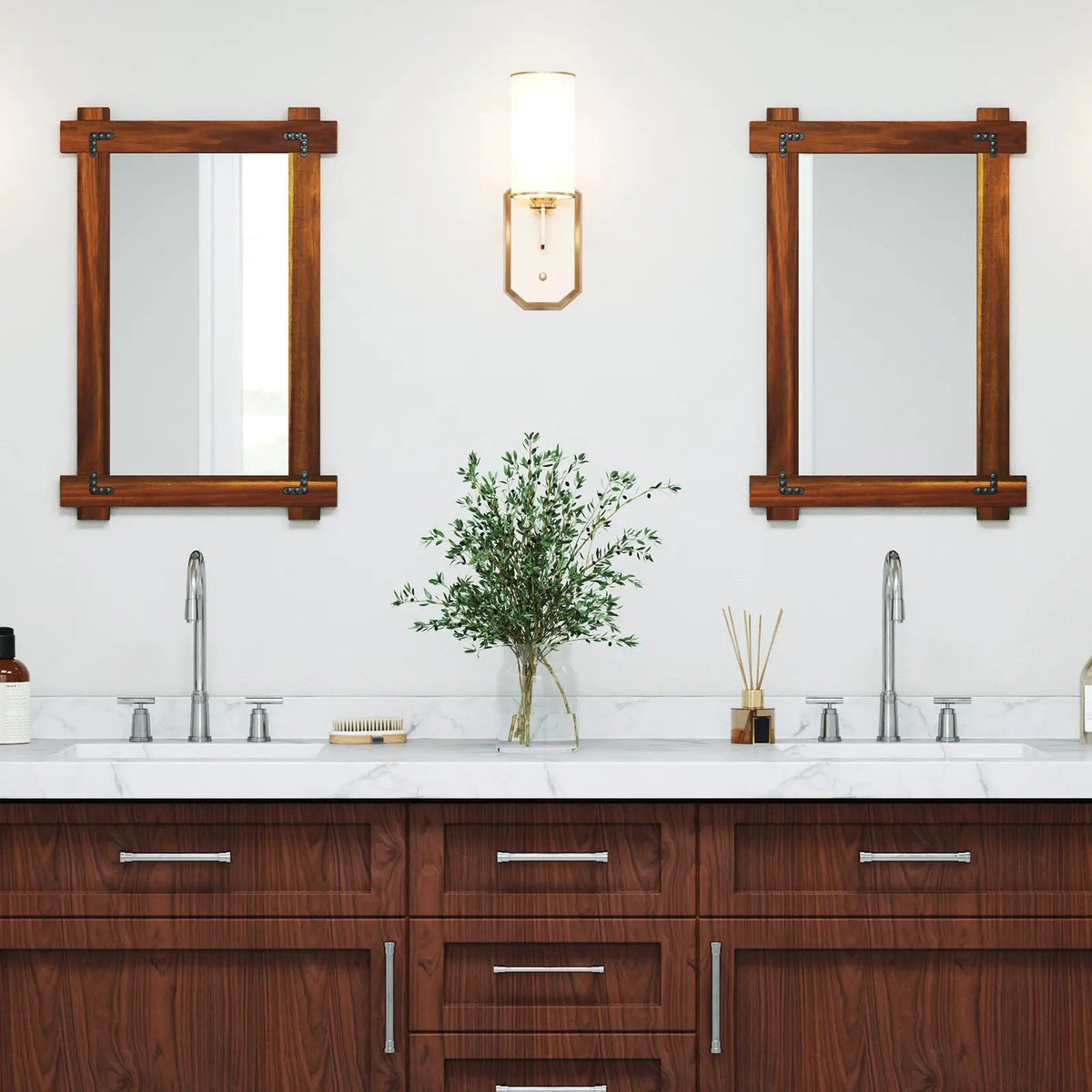 Wood Framed Mirror with Acacia Wood Frame and Vintage Rivet Design Brown by DirectDeals