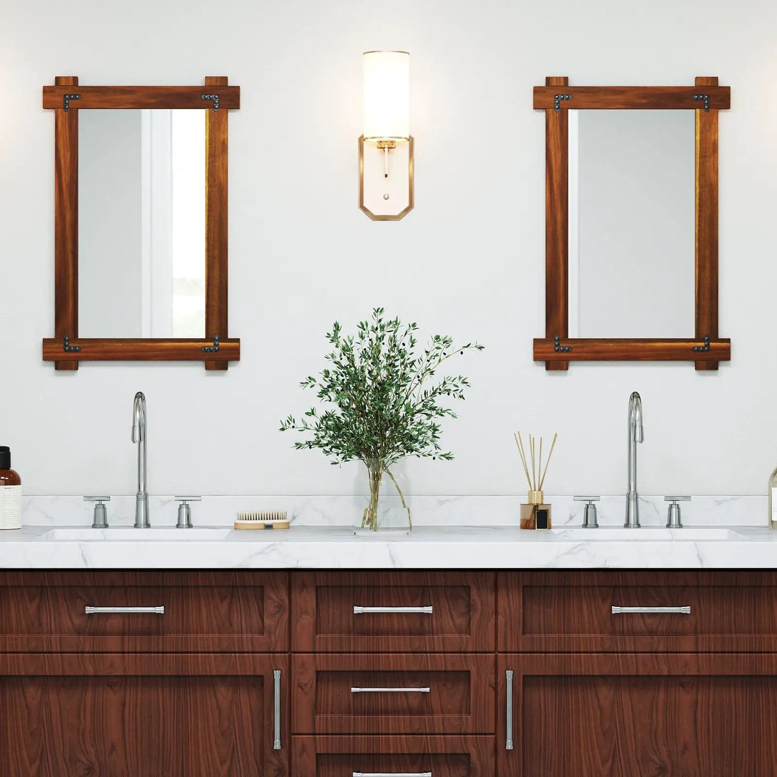 Wood Framed Mirror with Acacia Wood Frame and Vintage Rivet Design Brown by DirectDeals