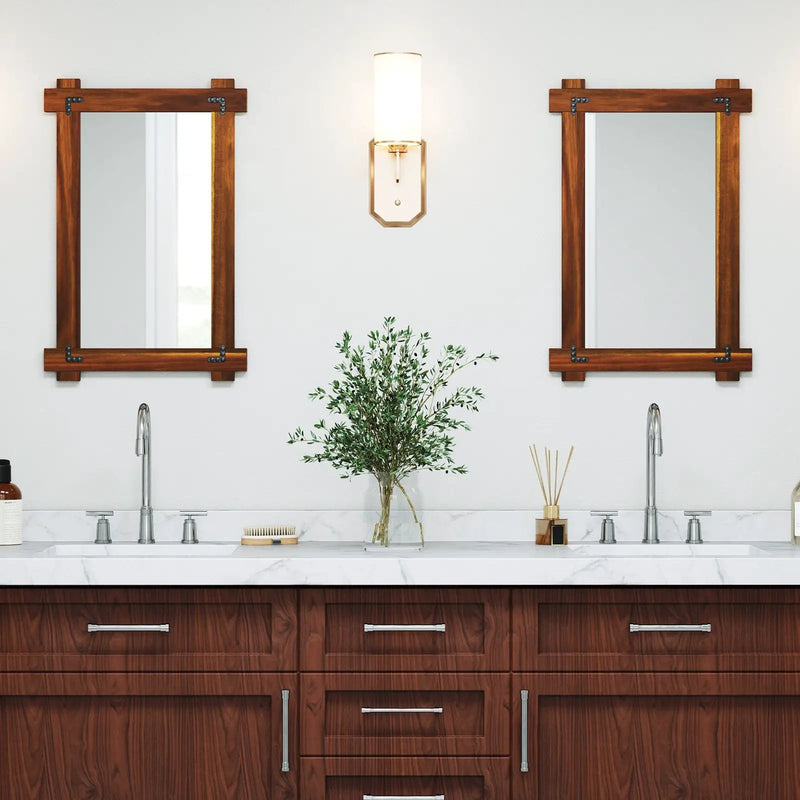 Wood Framed Mirror with Acacia Wood Frame and Vintage Rivet Design Brown by DirectDeals