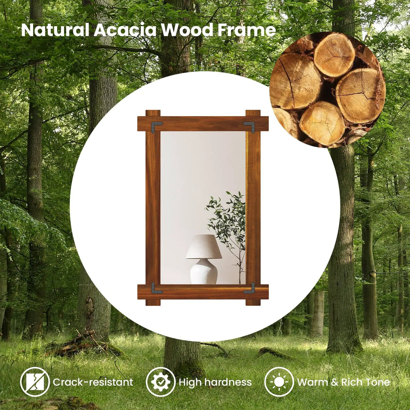 Wood Framed Mirror with Acacia Wood Frame and Vintage Rivet Design Brown by DirectDeals