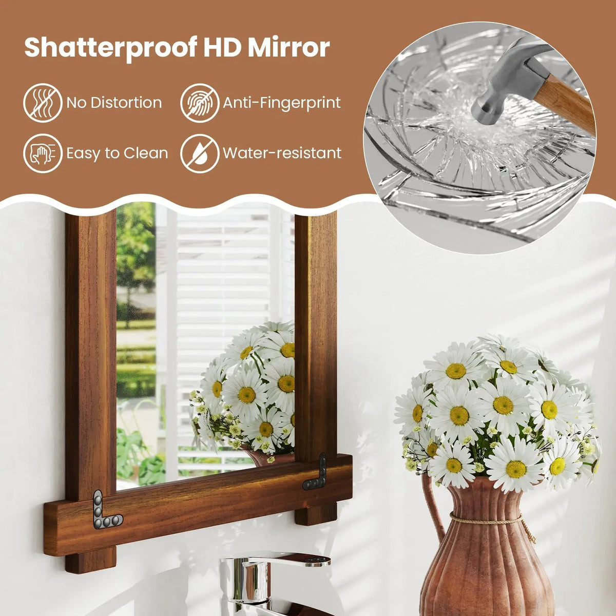 Wood Framed Mirror with Acacia Wood Frame and Vintage Rivet Design Brown by DirectDeals
