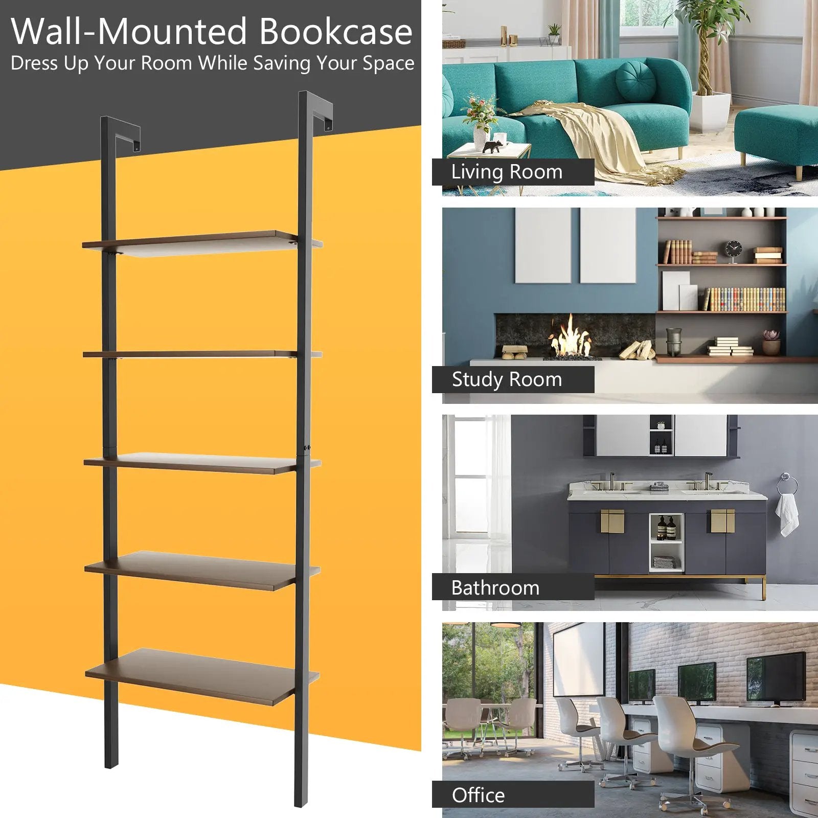 5-Tier Wood Look Ladder Shelf with Metal Frame for Home by DirectDeals