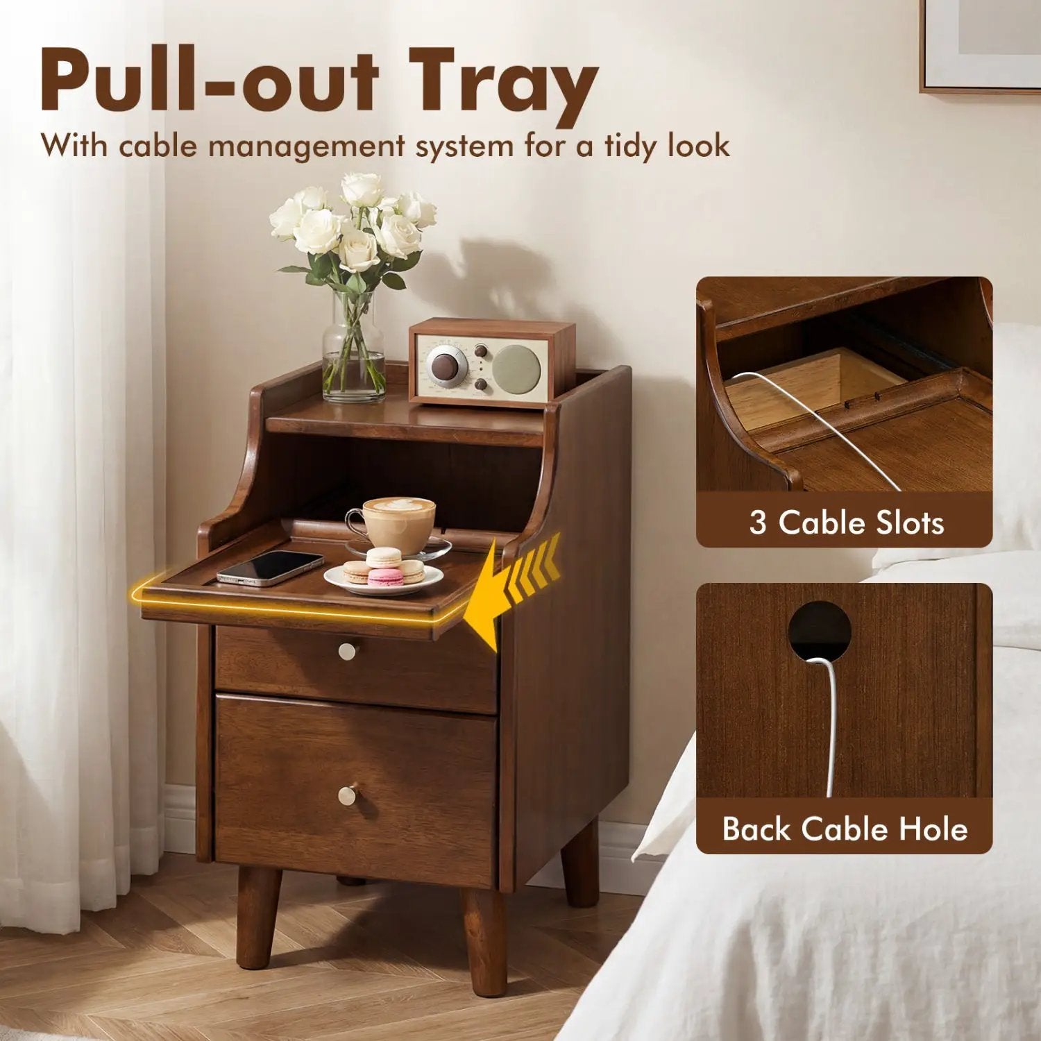 Wood Nightstand Set of 2 with Drawers and Solid Wood Legs by DirectDeals