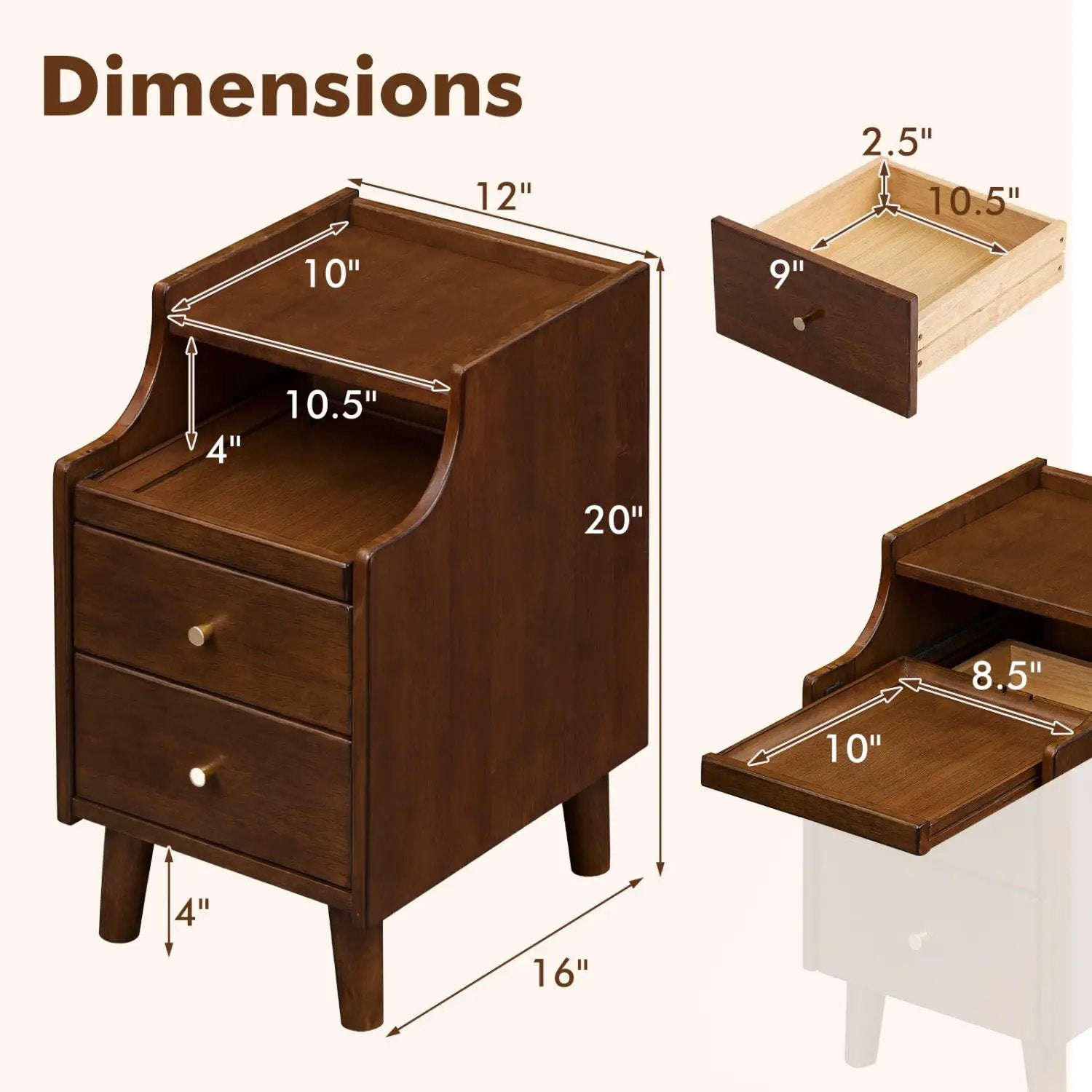 Wood Nightstand with Drawers and Solid Wood Legs for Bedroom by DirectDeals