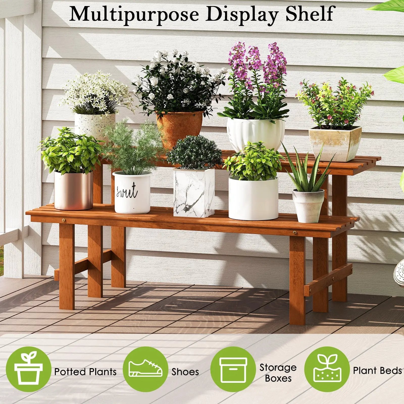 2-Tier Wood Plant Stand Ladder Plant Shelf for Indoor Outdoor by DirectDeals