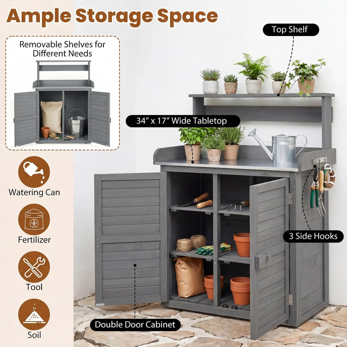 Wood Potting Bench with Stainless Steel Top and Storage by DirectDeals