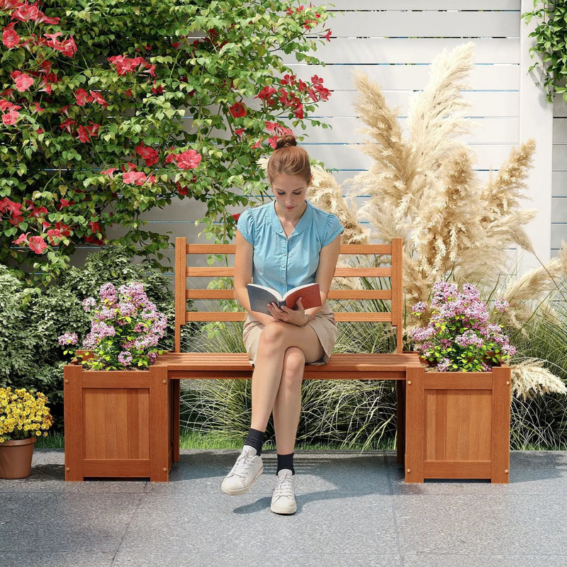 Wood Planter Box with Bench and Backrest for Garden Yard Balcony by DirectDeals