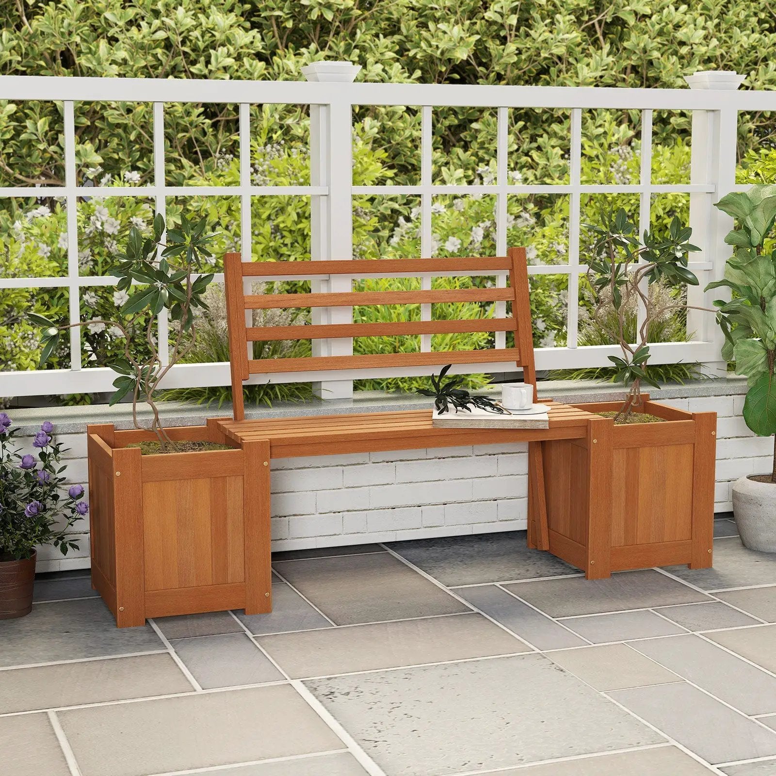 Wood Planter Box with Bench and Backrest for Garden Yard Balcony by DirectDeals