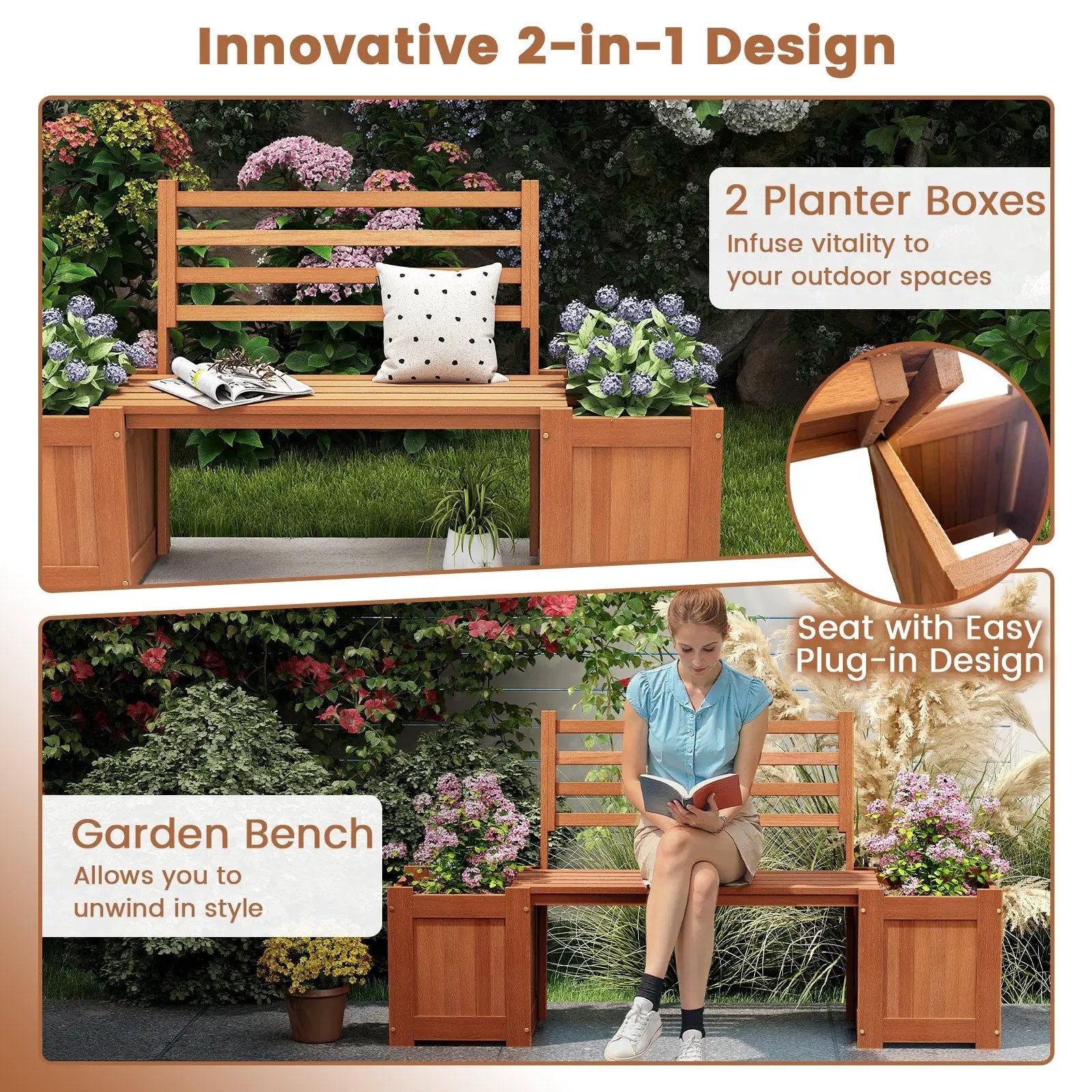 Wood Planter Box with Bench and Backrest for Garden Yard Balcony by DirectDeals
