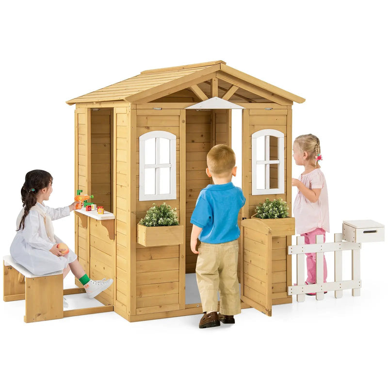 Wood Playhouse with Bench and Serving Stations for 2+ Years Old Kids by DirectDeals