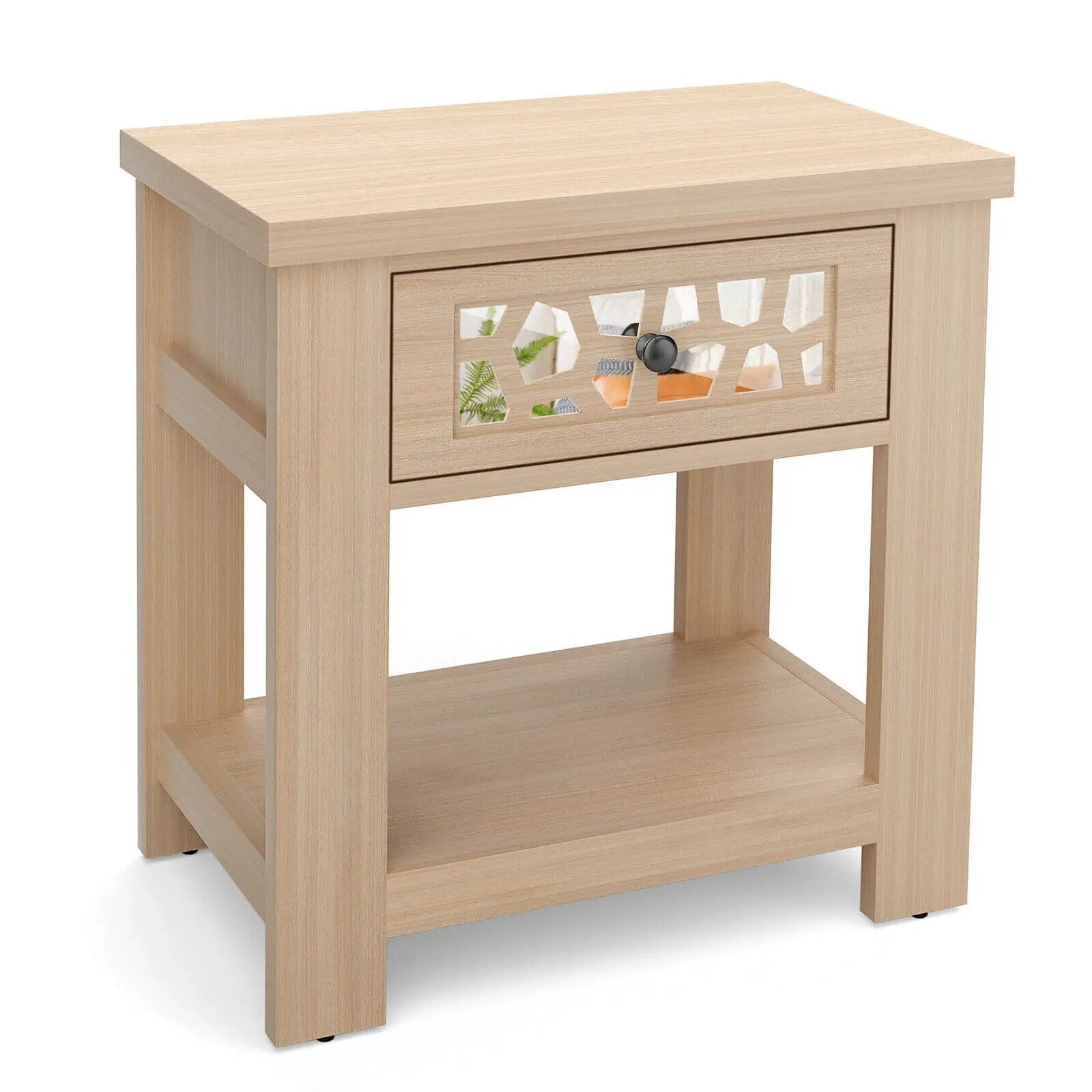 Wood Retro End Table with Mirrored Glass Drawer and Open Storage Shelf by DirectDeals