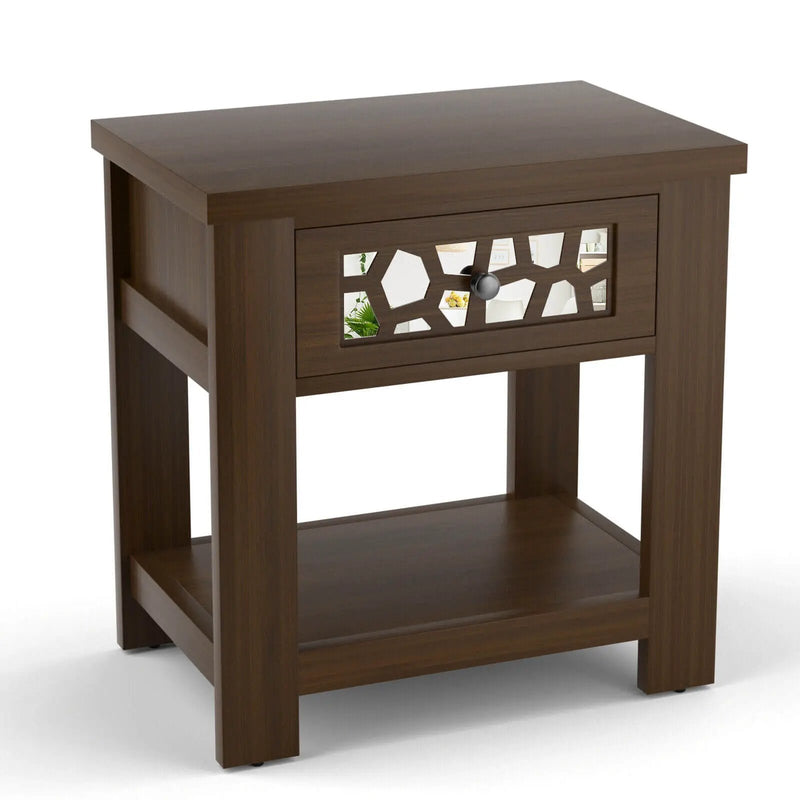 Wood Retro End Table with Mirrored Glass Drawer and Open Storage Shelf by DirectDeals