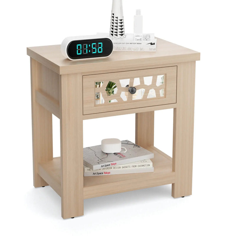 Wood Retro End Table with Mirrored Glass Drawer and Open Storage Shelf by DirectDeals