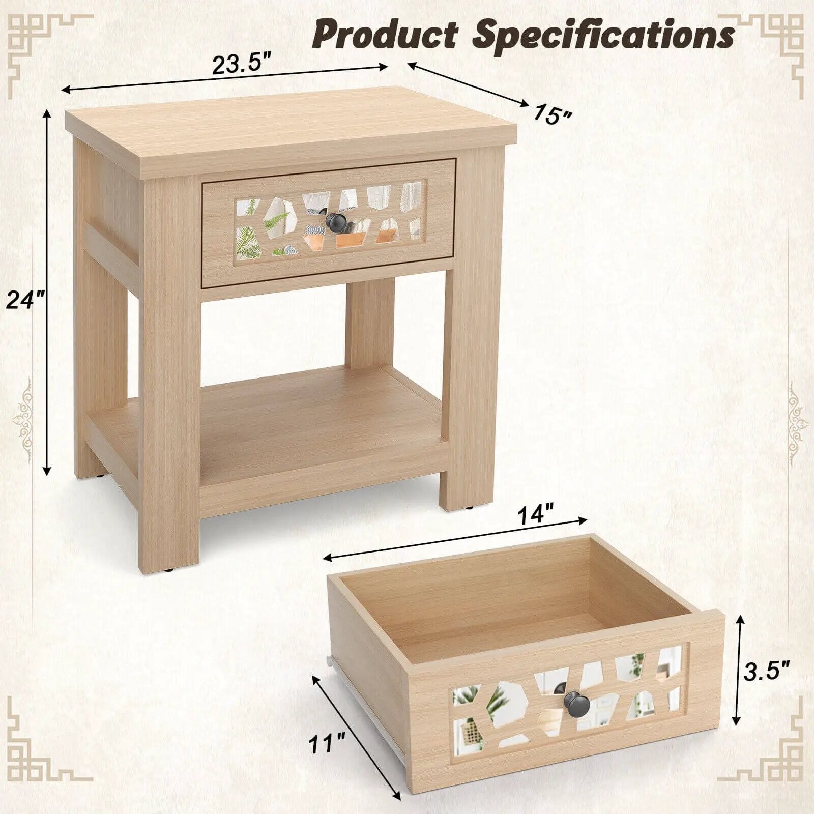 Wood Retro End Table with Mirrored Glass Drawer and Open Storage Shelf by DirectDeals