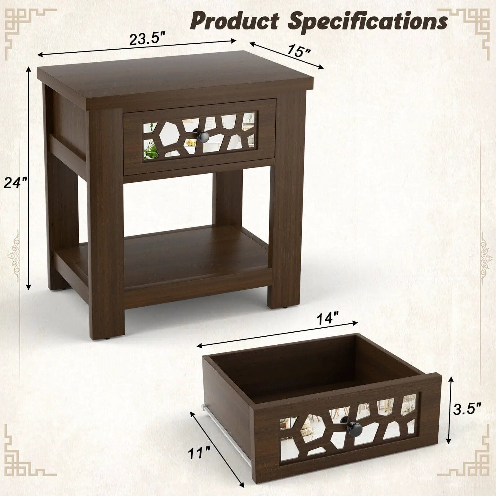Wood Retro End Table with Mirrored Glass Drawer and Open Storage Shelf by DirectDeals