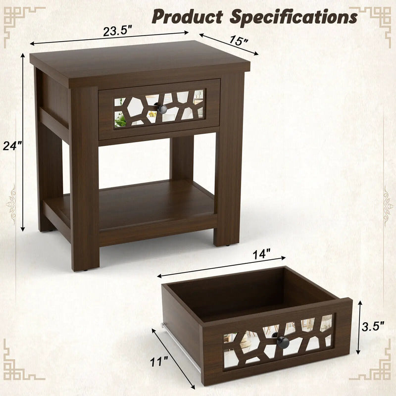 Wood Retro End Table with Mirrored Glass Drawer and Open Storage Shelf by DirectDeals
