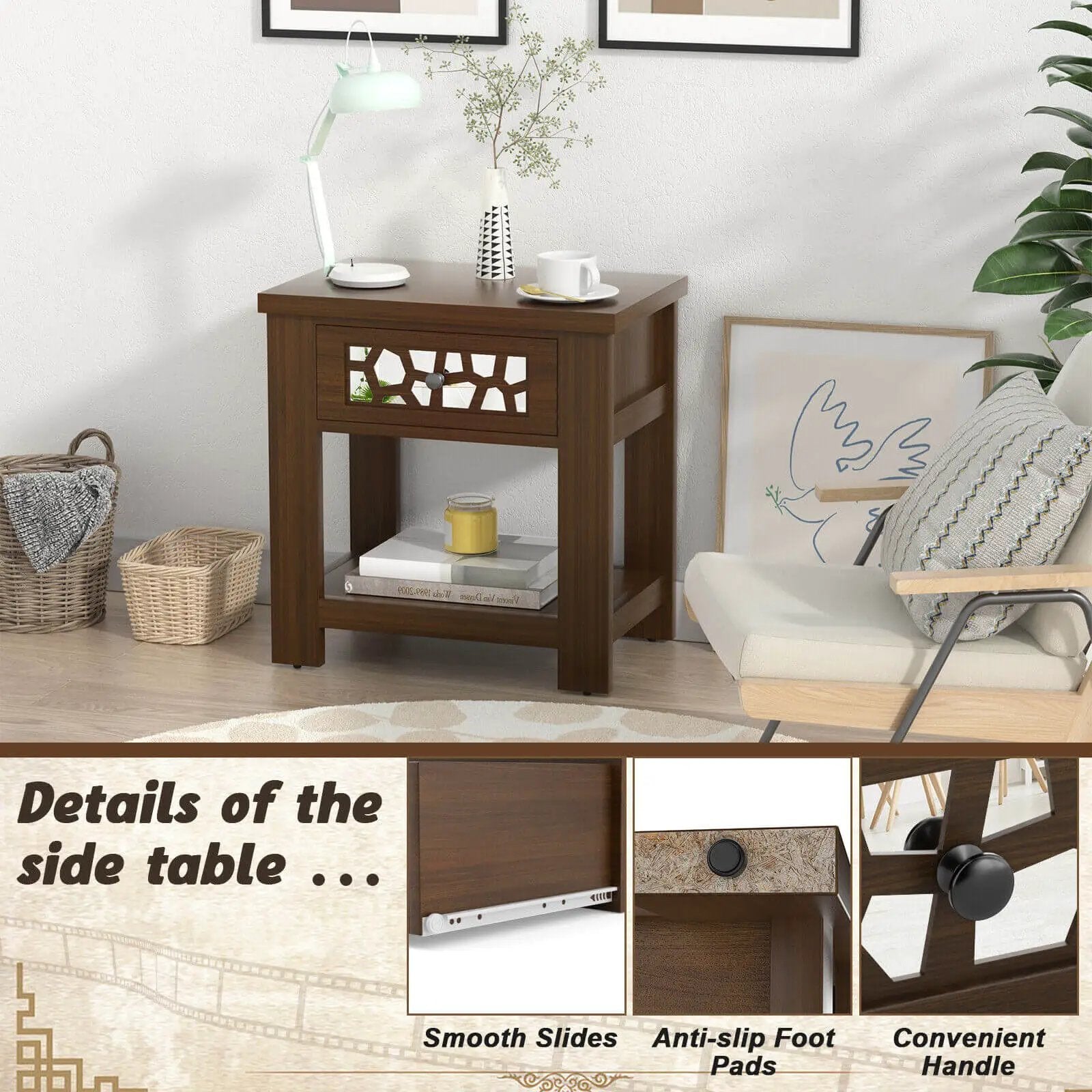 Wood Retro End Table with Mirrored Glass Drawer and Open Storage Shelf by DirectDeals