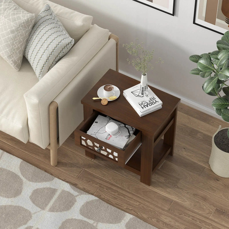 Wood Retro End Table with Mirrored Glass Drawer and Open Storage Shelf by DirectDeals