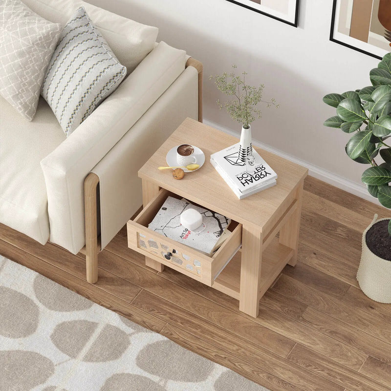 Wood Retro End Table with Mirrored Glass Drawer and Open Storage Shelf by DirectDeals
