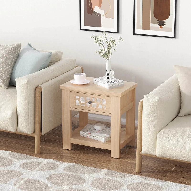 Wood Retro End Table with Mirrored Glass Drawer and Open Storage Shelf by DirectDeals