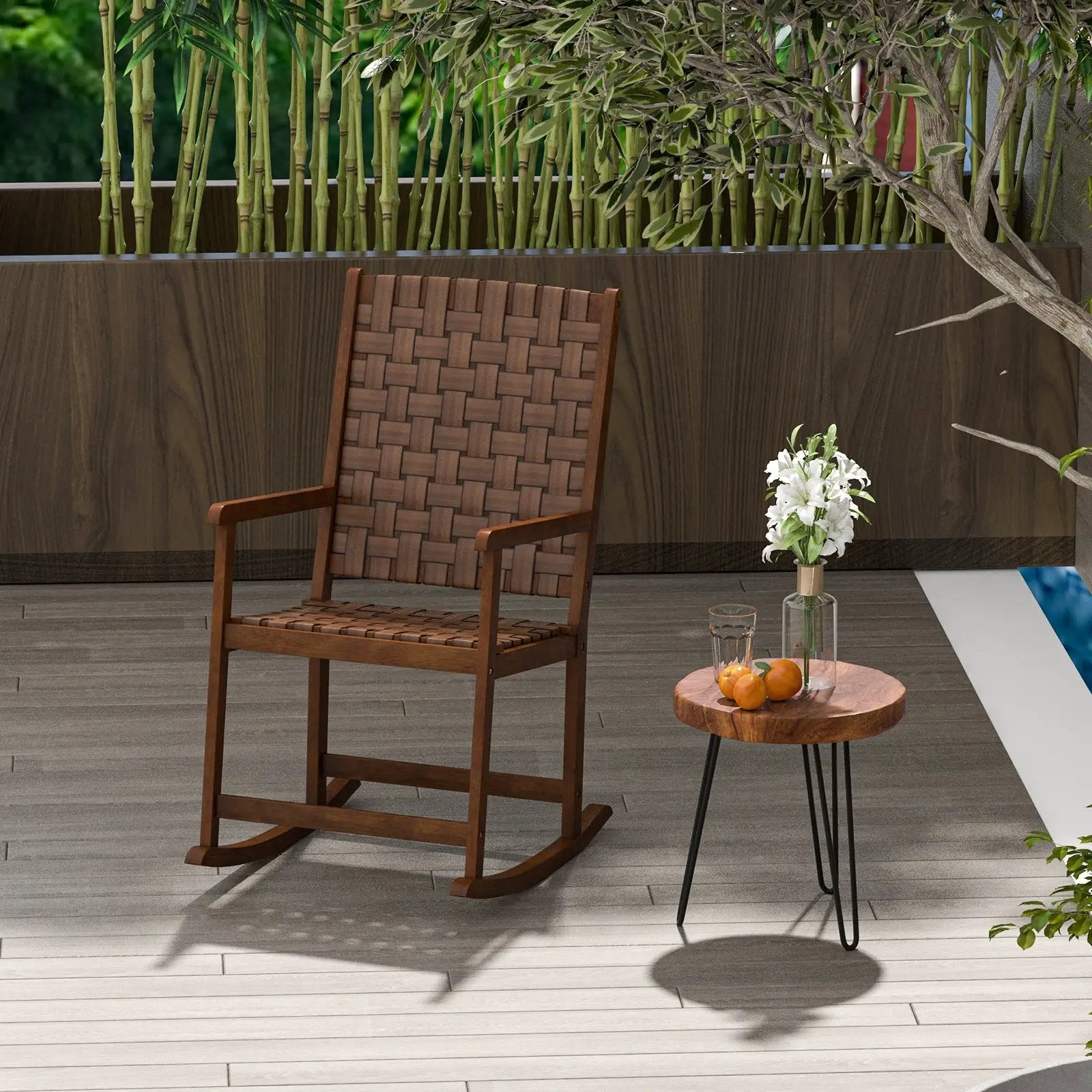 Patio Wood Rocking Chair with PU Seat and Rubber Wood Frame-Brown by DirectDeals