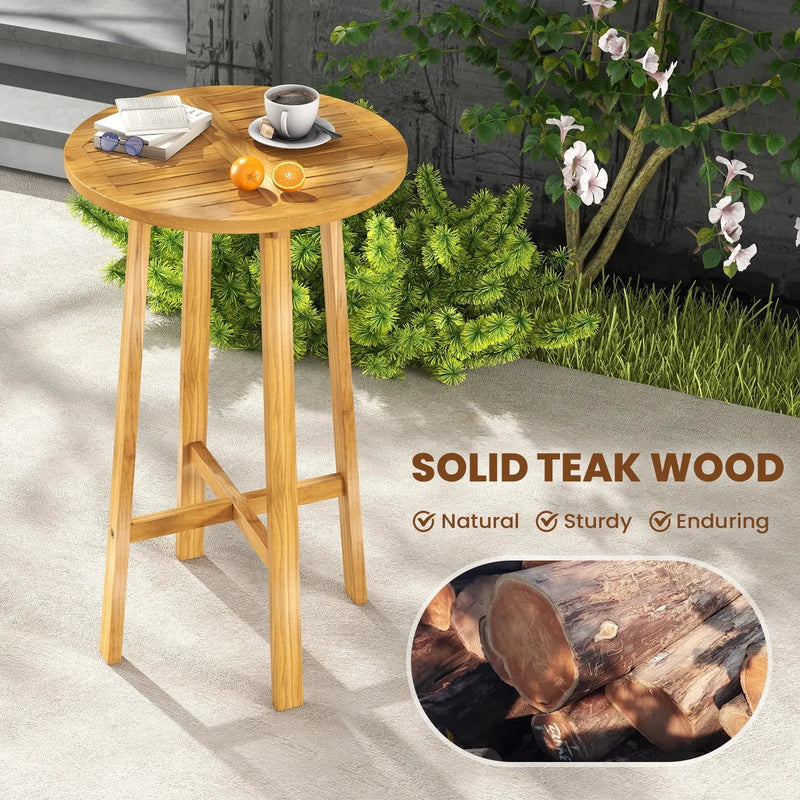 24 Inch Teak Wood Round Bar Table with Footrest for Indoors Outdoors by DirectDeals